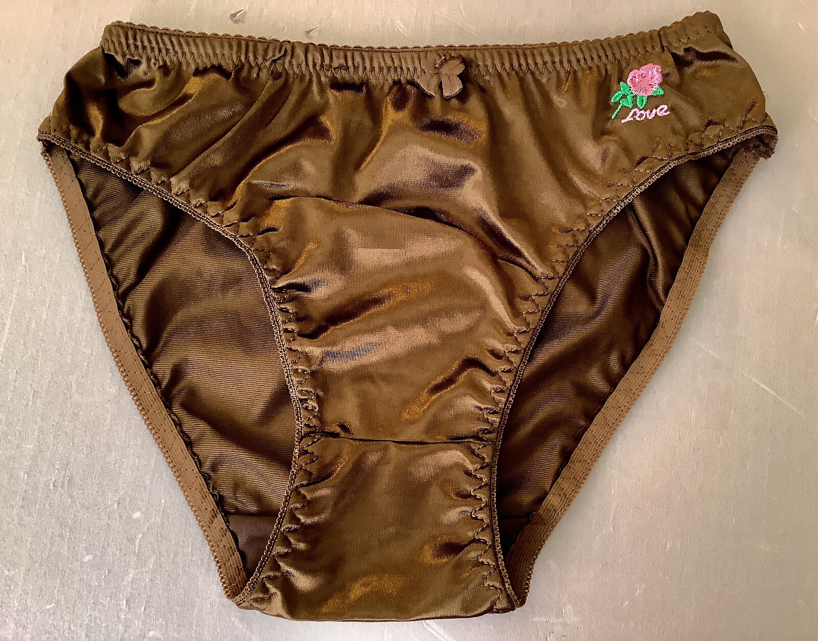 Women Panties Bikinis ANN DIANE Size XL Brown Shiny Satin Soft W/decoration