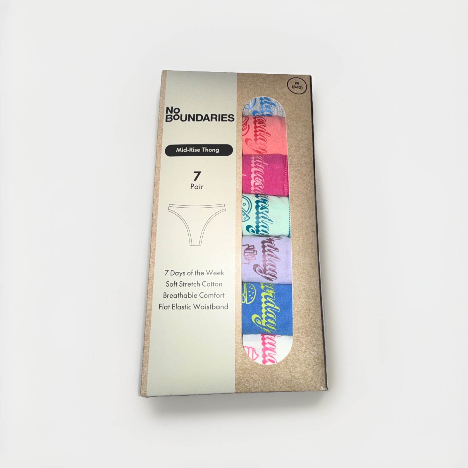 7-Pair NO BOUNDARIES Women’s M (8-10) Cotton Thong Mid-Rise Days Of The Week