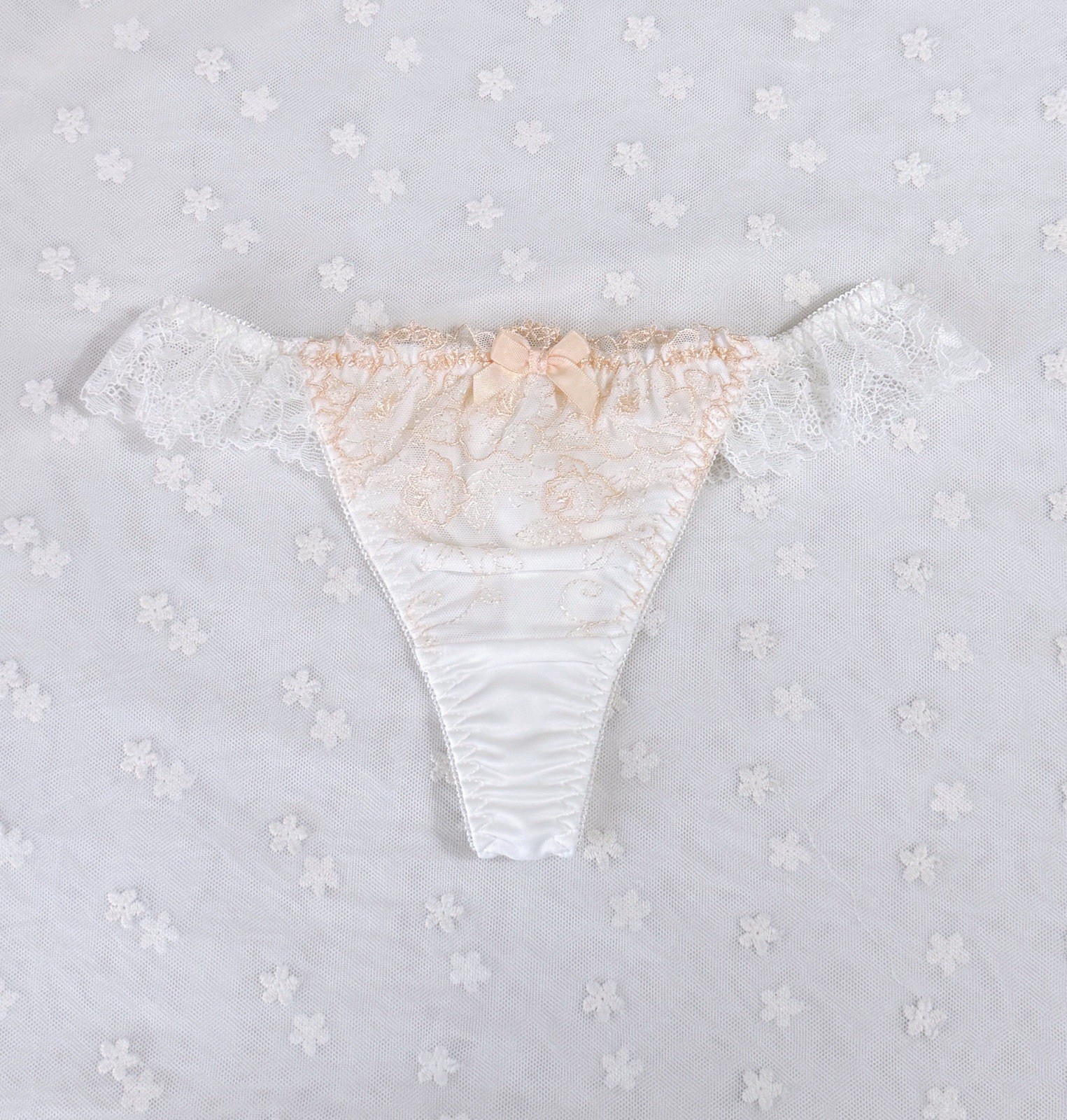 US-S/JP-L Japanese Brand Satin Bow Floral Embroidered Lace Ruffle Nylon Thong