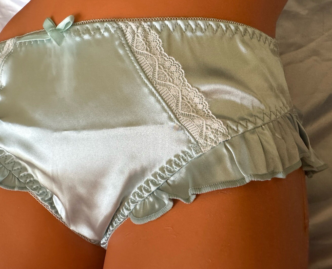 Light Baby Blue Shiny Satin Ruffle Hip Bikini Brief Panties White Lace Sz XL