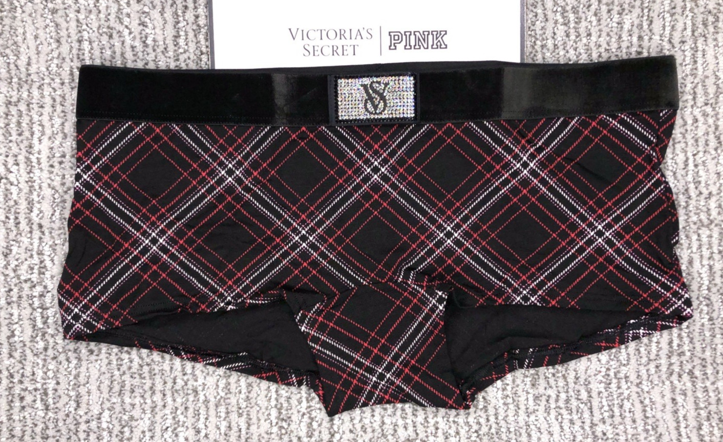 Victoria’s Secret NWT XL Black Plaid Shine Patch Boyshort Panty Logo Rhinestone