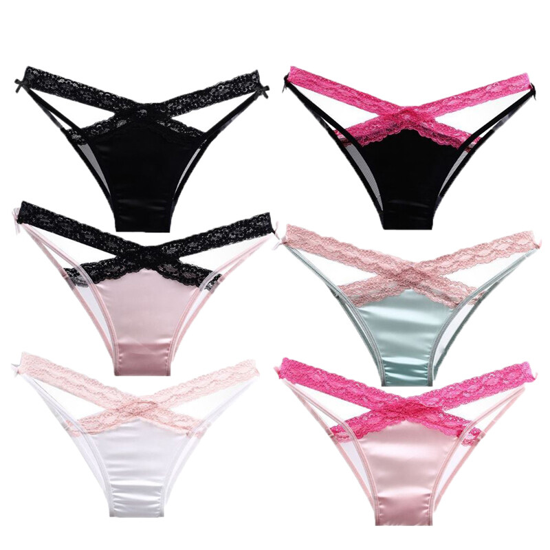 Pack Of 6 Womens Sexy Panties Satin Thong Bikinis Intimate Lace Underwear Briefs