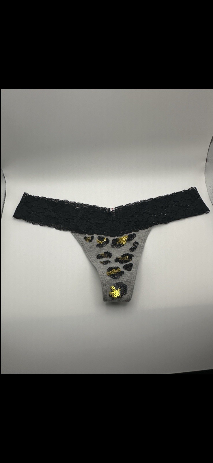PINK Women’s Lace Waist Thong Panties Gray/Black Leopard Print Size M