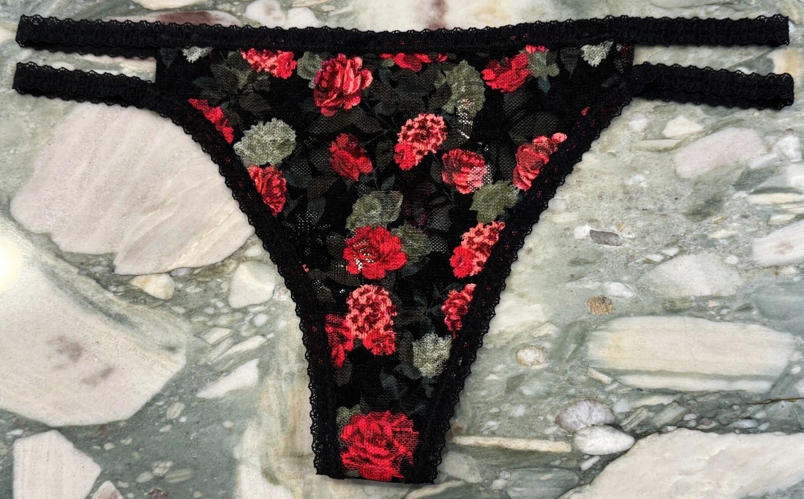NEW Victoria Secret PINK Lace Strappy Thong Panty – Black Ruby Floral – XL