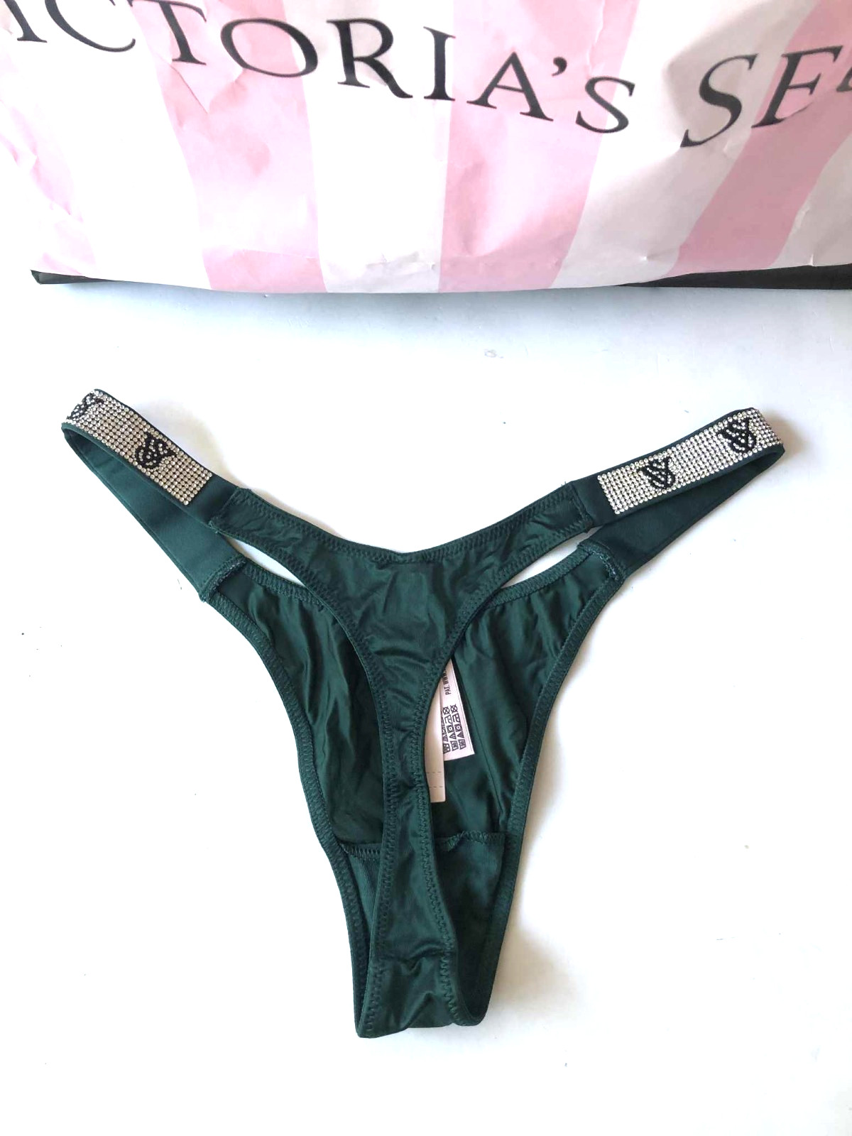 Victoria’s Secret Very Sexy Shine Strap Rhinestone Thong Panty Dark Green NWT