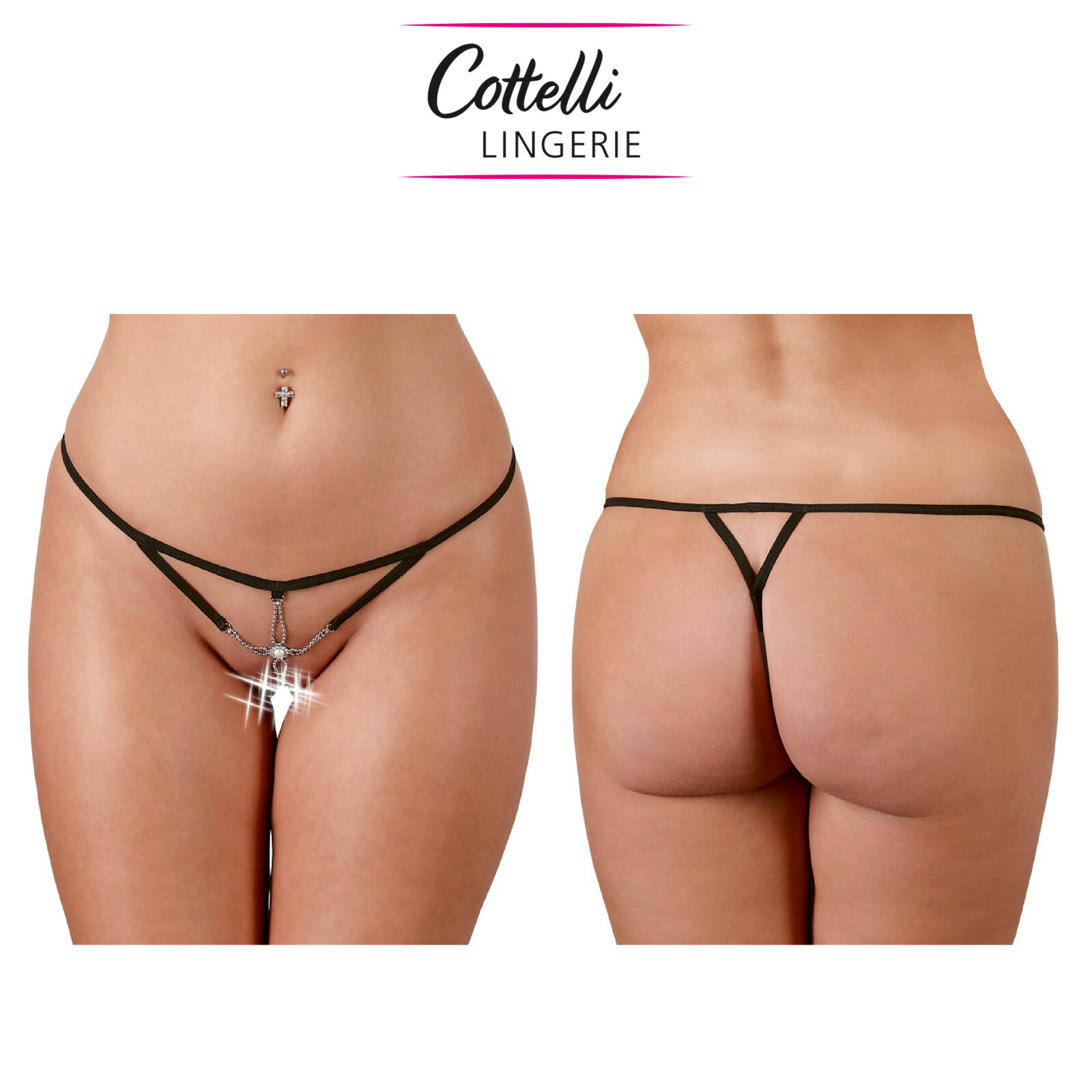 Cottelli Lingerie Sexy String Perizoma Aperto Nero Elasticizzato Ornamenti Perle