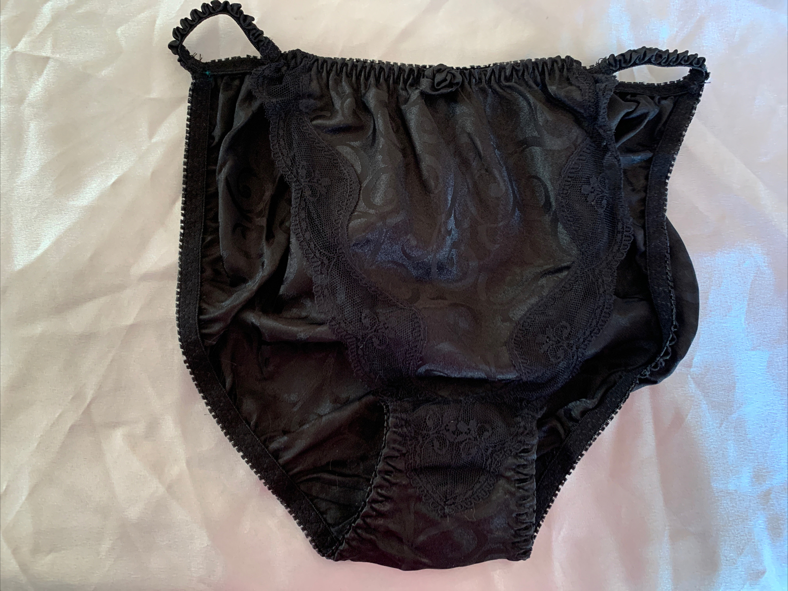 NWT VTG 100% Polyester Satin String Bikini Lace Panties SZ Lg Black