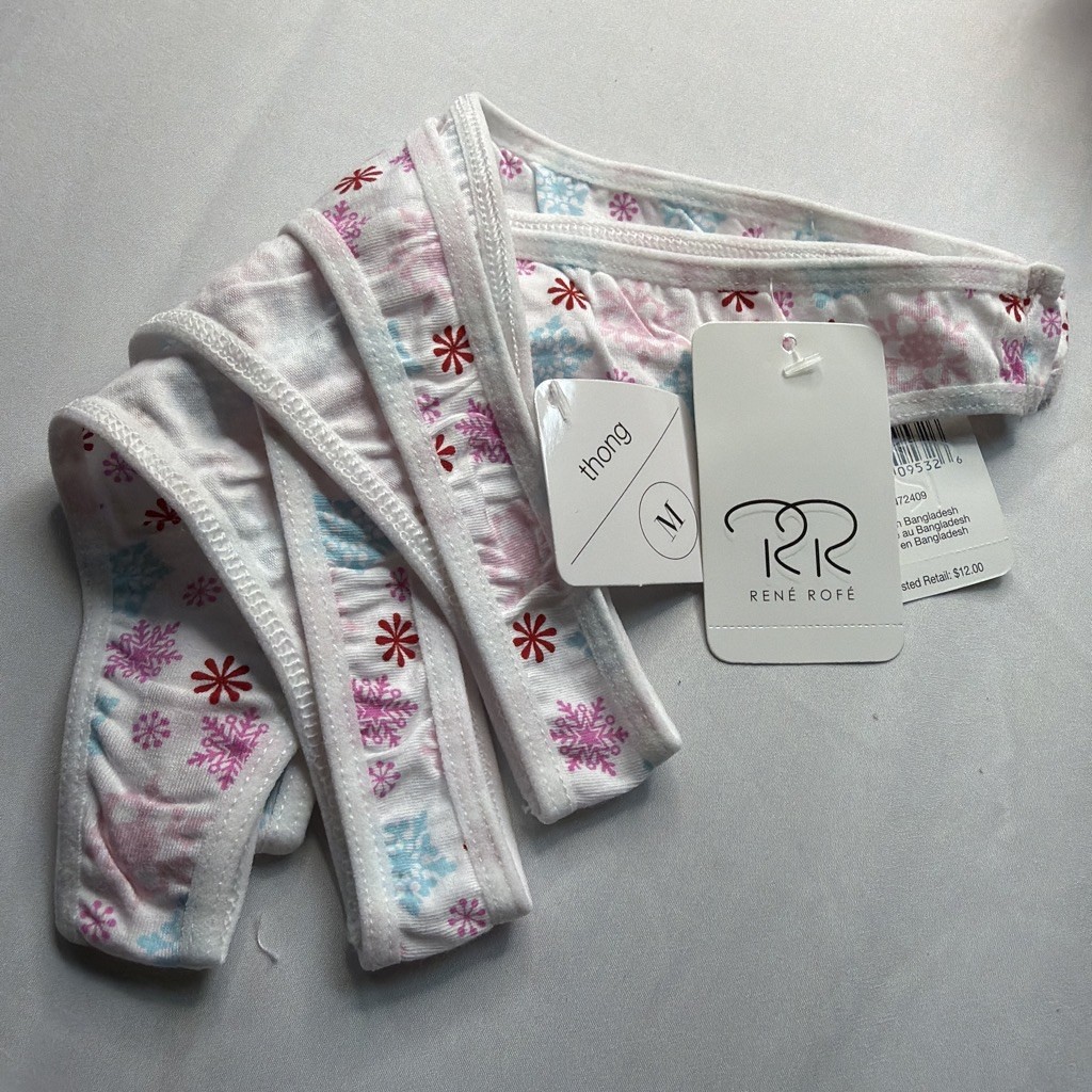 2 René Rofé Women’s Thong Panties M White/Pink/Blue Snowflake Christmas MPN