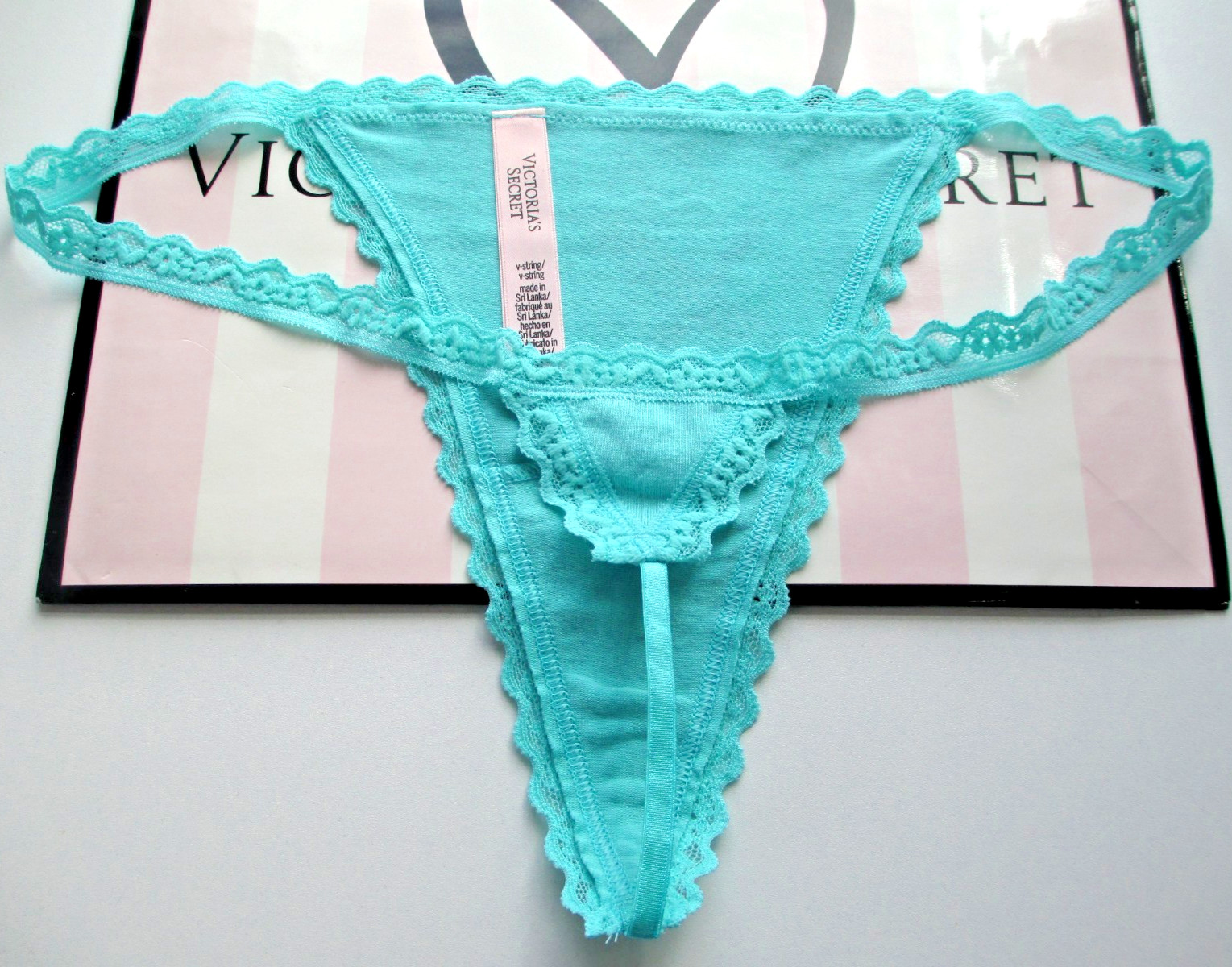 VICTORIA’S SECRET Cotton V-String Thong Panty VS Lace Trim S M XL Aqua Blue NWOT