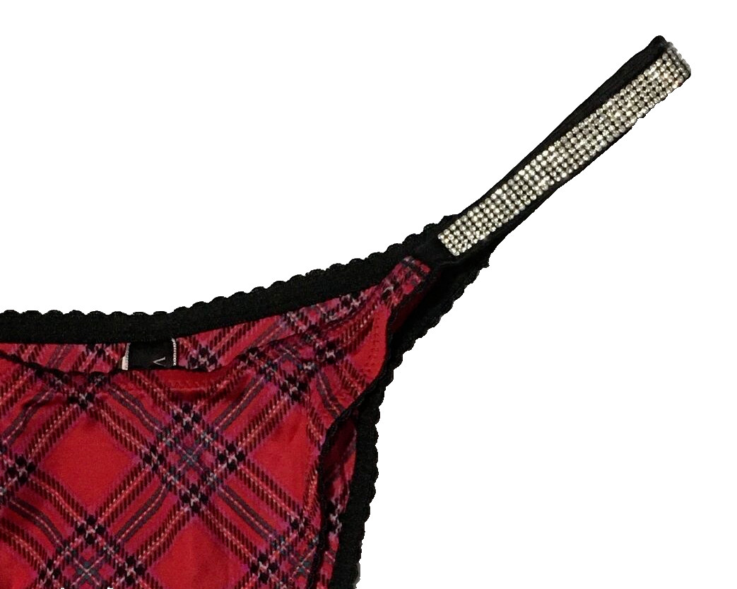 Victoria’s Secret Red Plaid Shine Strap Brazilian Panties M Rhinestones Sparkle