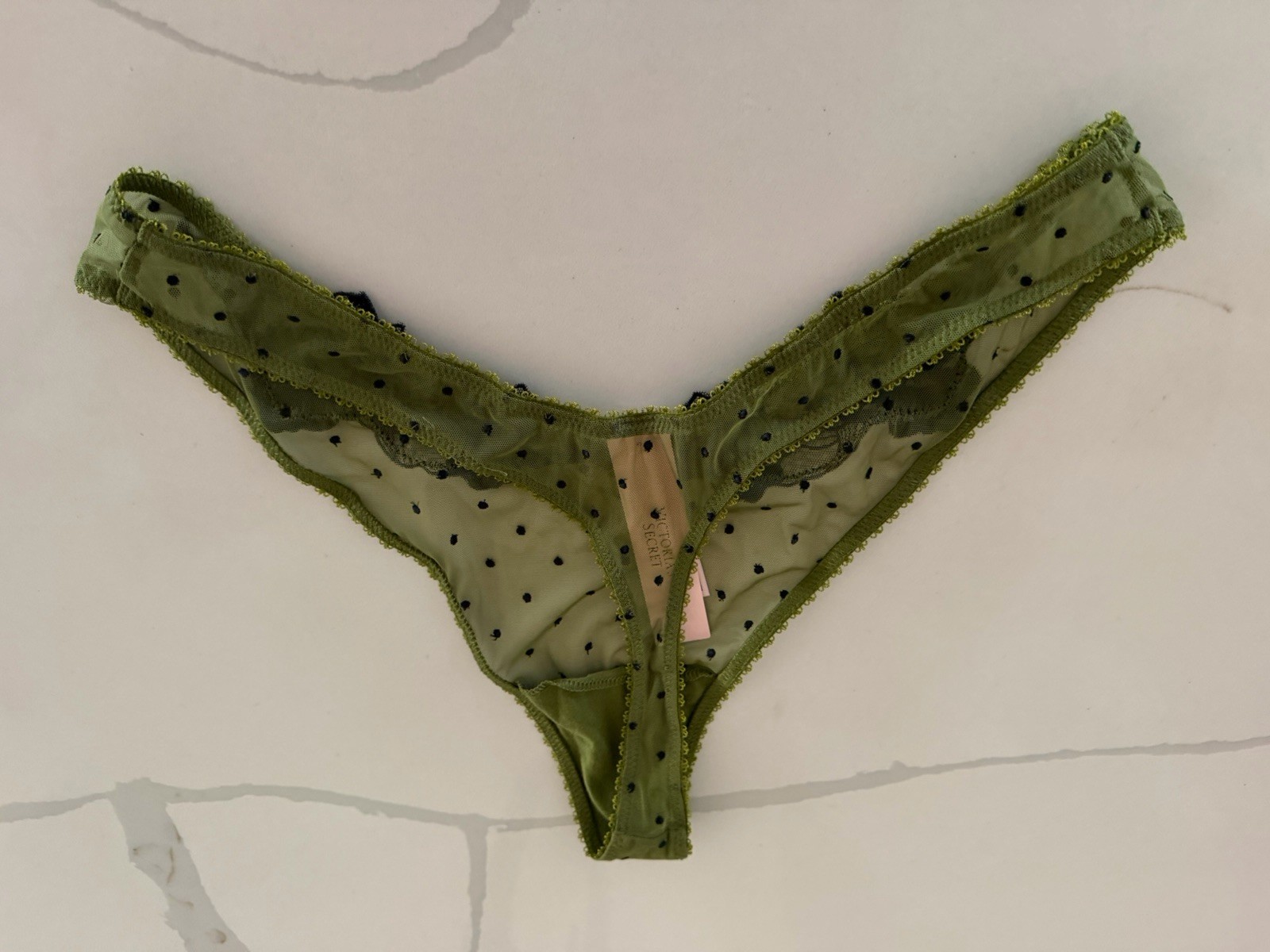 Victoria’s Secret VERY SEXY Thong Panty Green Dot Mesh Black Lace Large NWT