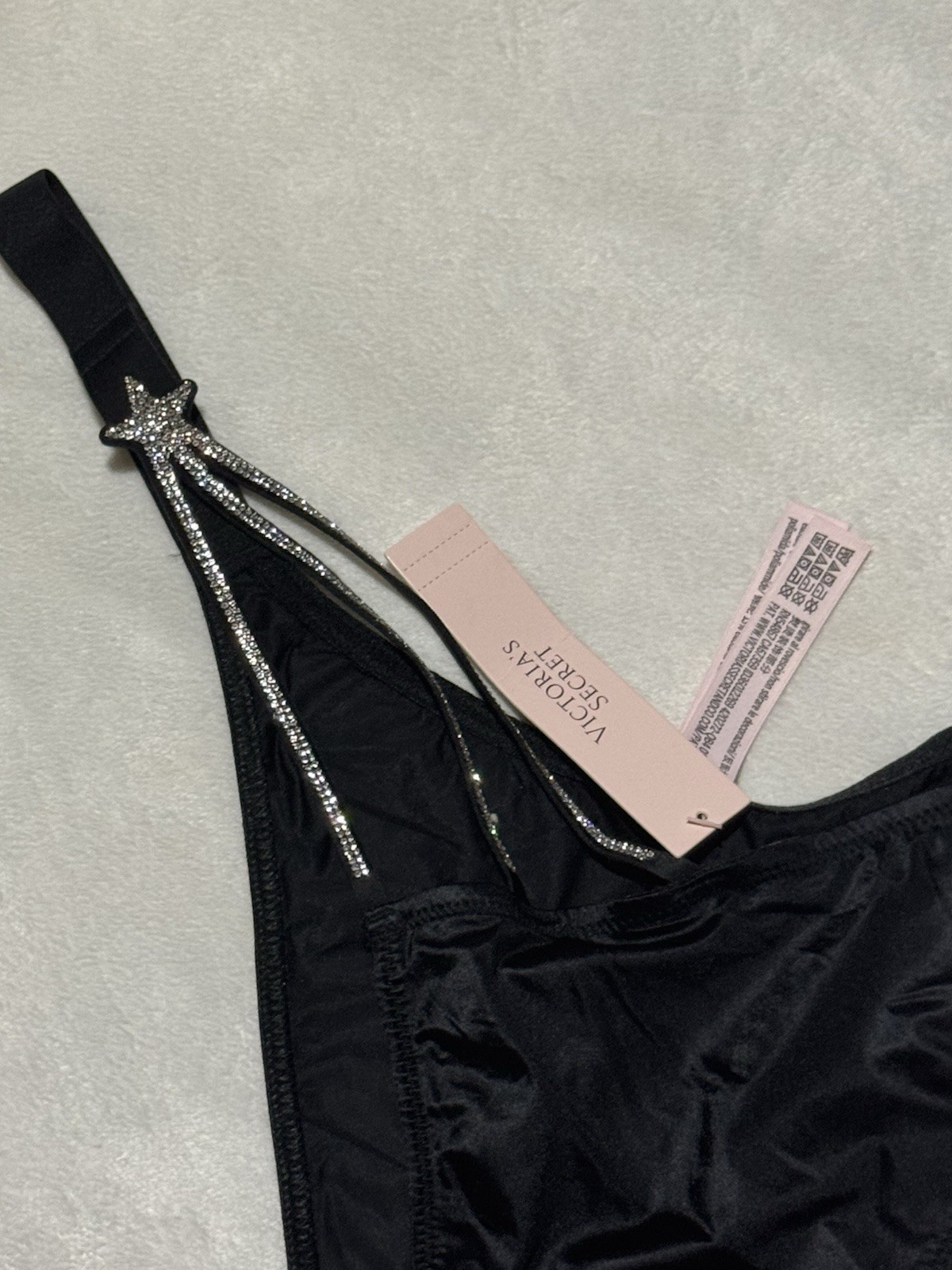 Victoria’s Secret Black Shine Strap Thong Panty XL Star Rhinestone NWT