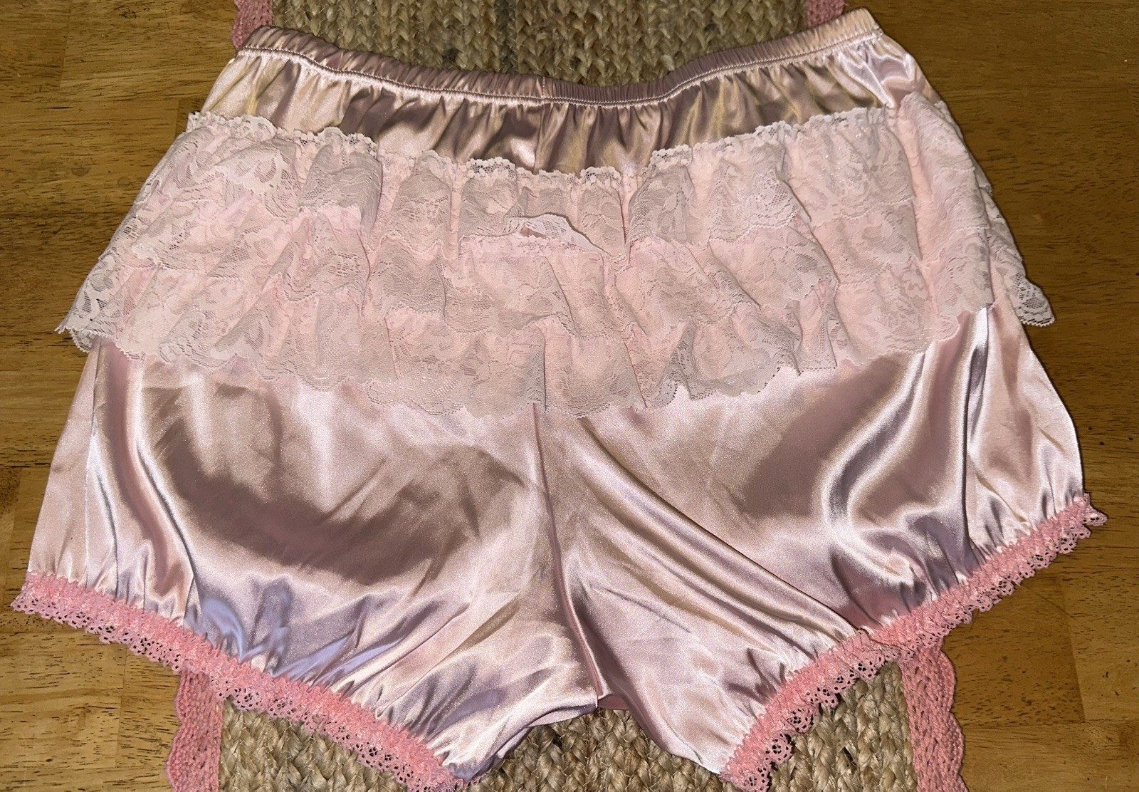 Glossy Pink Satin w Tiered Ruffled Lace Bloomers Long Leg Sissy Panties XL New