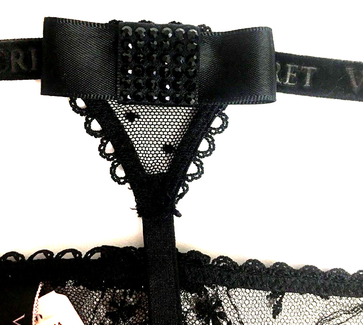 Victorias Secret Very Sexy Black Rose & Bows V-String Thong Panty S Sparkly Mesh