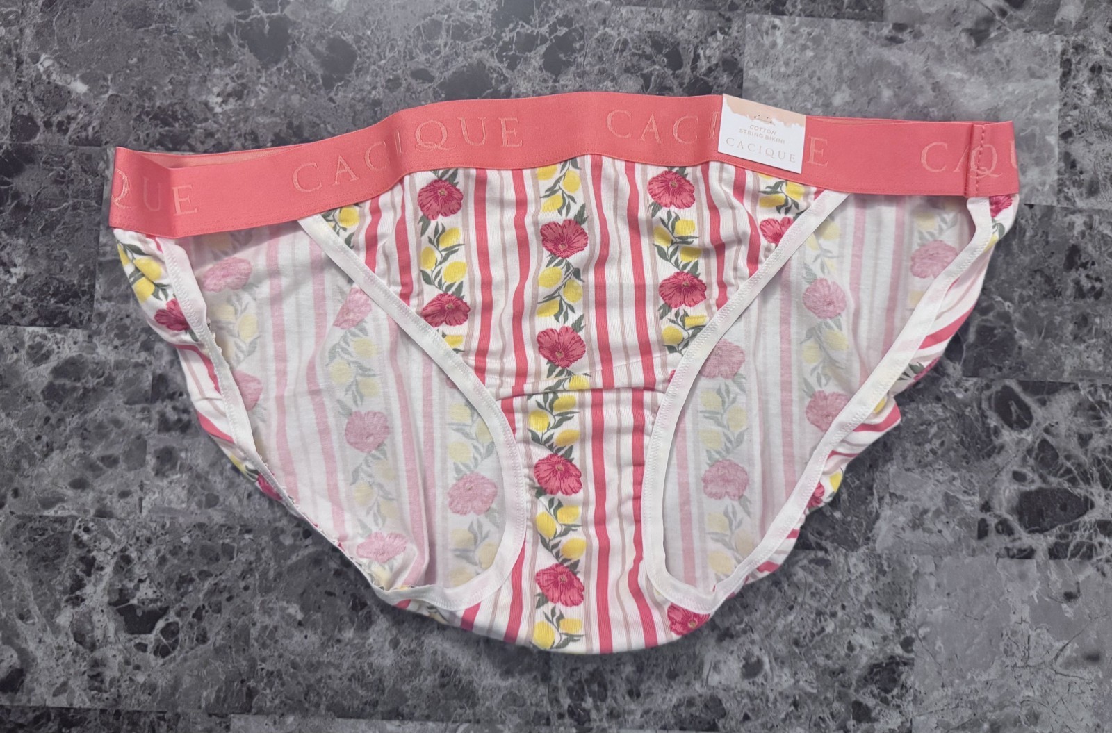 CACIQUE LANE BRYANT 26/28 FLORAL LEMON STRIPE THICK BAND STRING BIKINI PANTIES