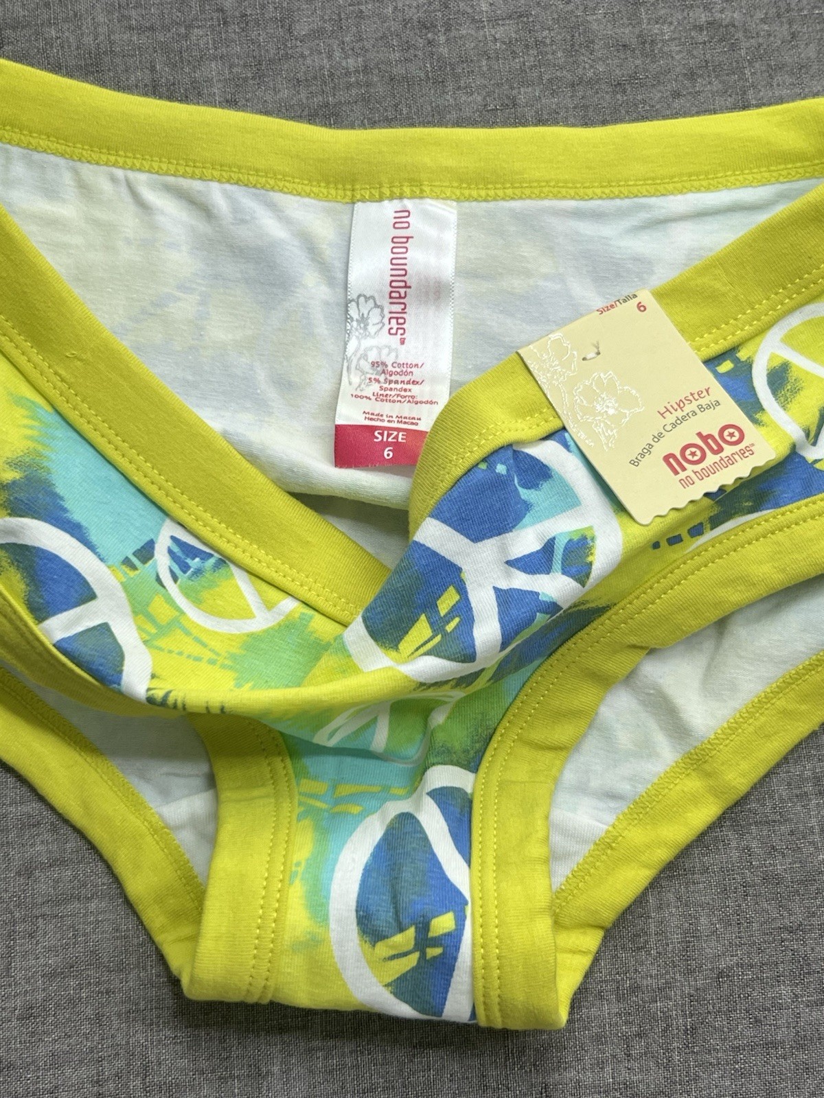 VINTAGE NO BOUNDARIES COTTON PEACE SIGN HIPSTER PANTY BRIEF BLUE LIME NOBO M 6