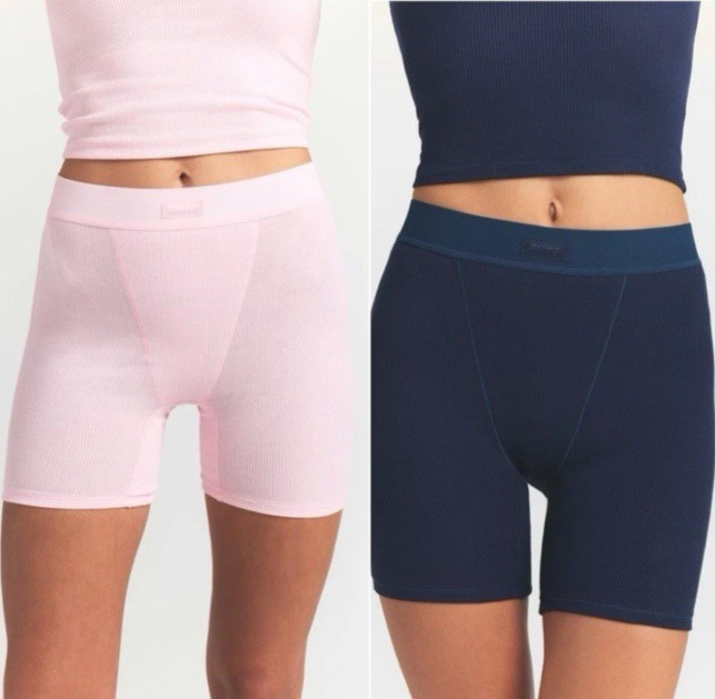 NEW $72 Skims Cotton Rib Boxer Shorts Set of 2 Pink and Navy Blue Women’s Medium