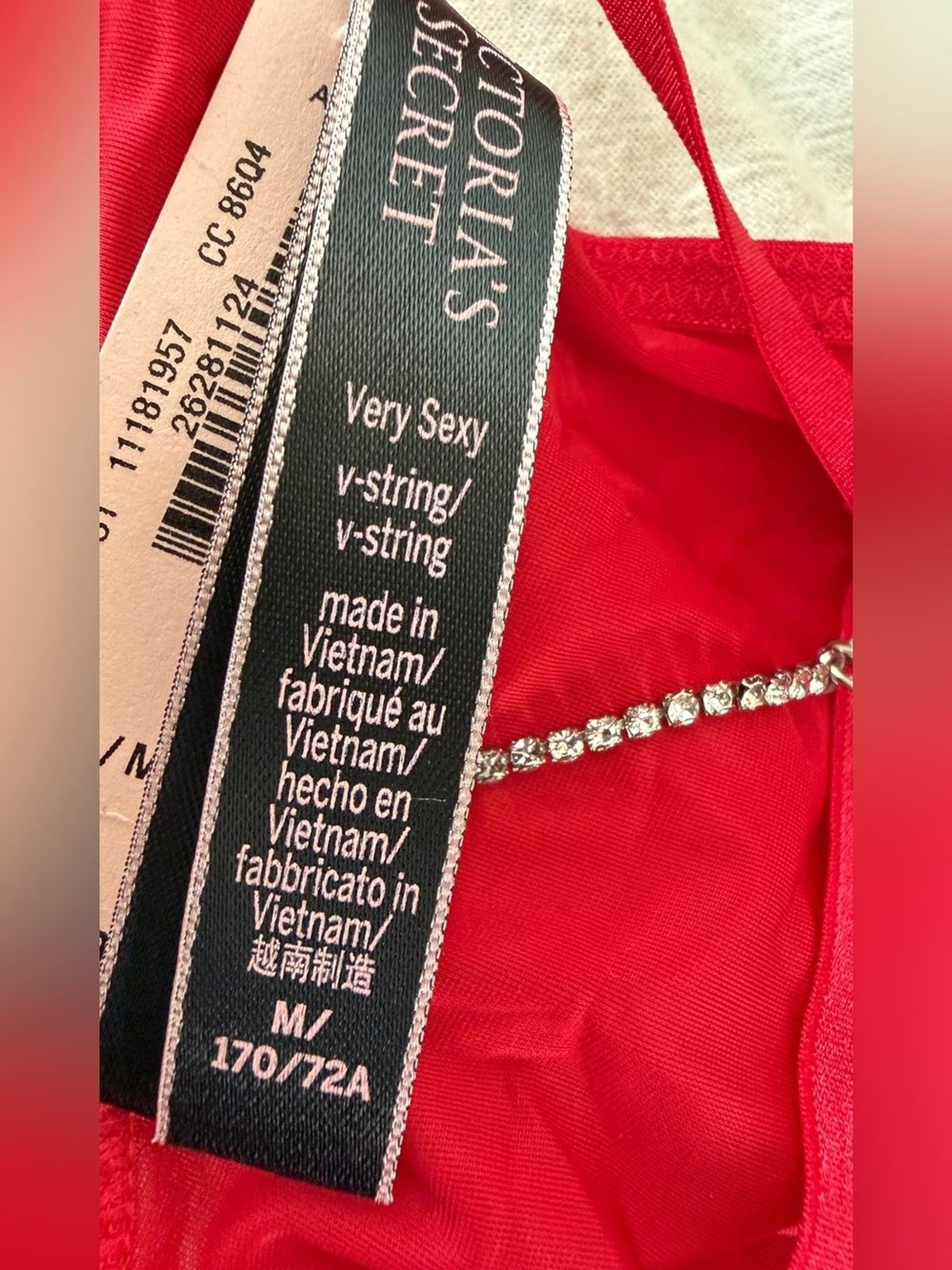 Victoria’s Secret Very Sexy V-String Red Silver Chain Rhinestones Medium New