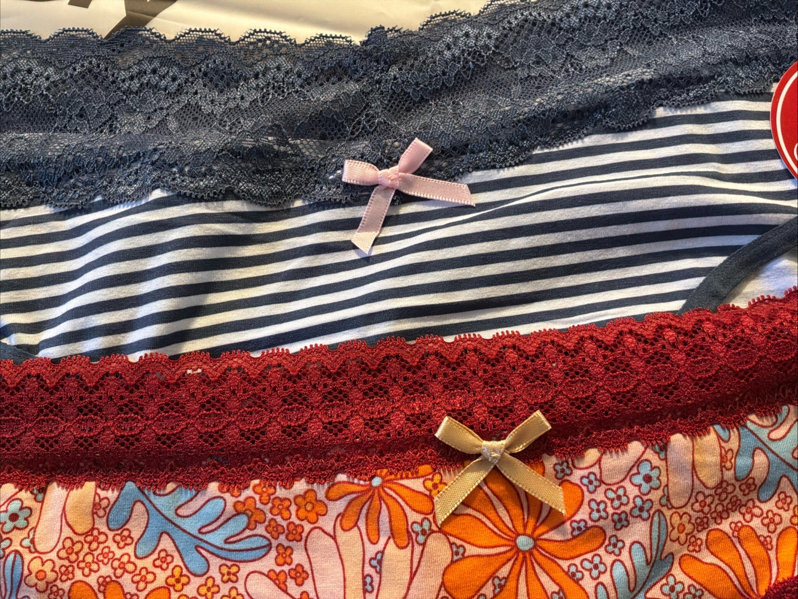 NWT Splendies Cotton Bikini 1XL Panties 1-Blue Stripe & 1-Orange Floral LaceTrim