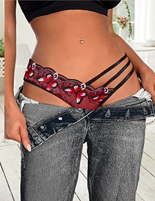 Sexy Panties for Women Butterfly Embroidered Underwear Mesh Small Red-1 Pack