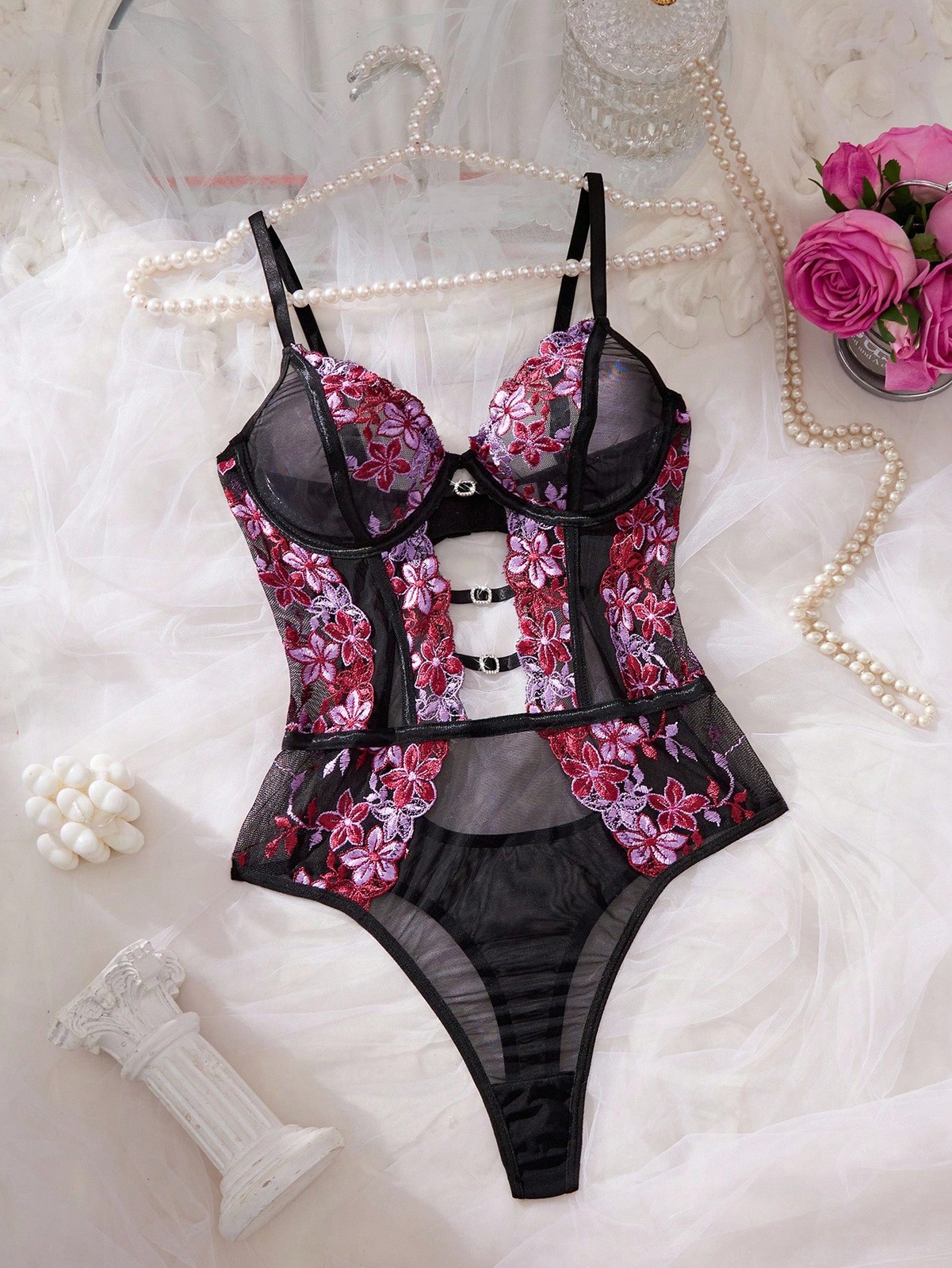 Sexy ladies lingerie jumpsuit with floral embroidery and mesh cheap 24