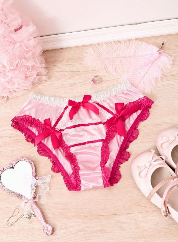 Ladies silky feel satin pink knickers lace trim bows detail full bum coverage