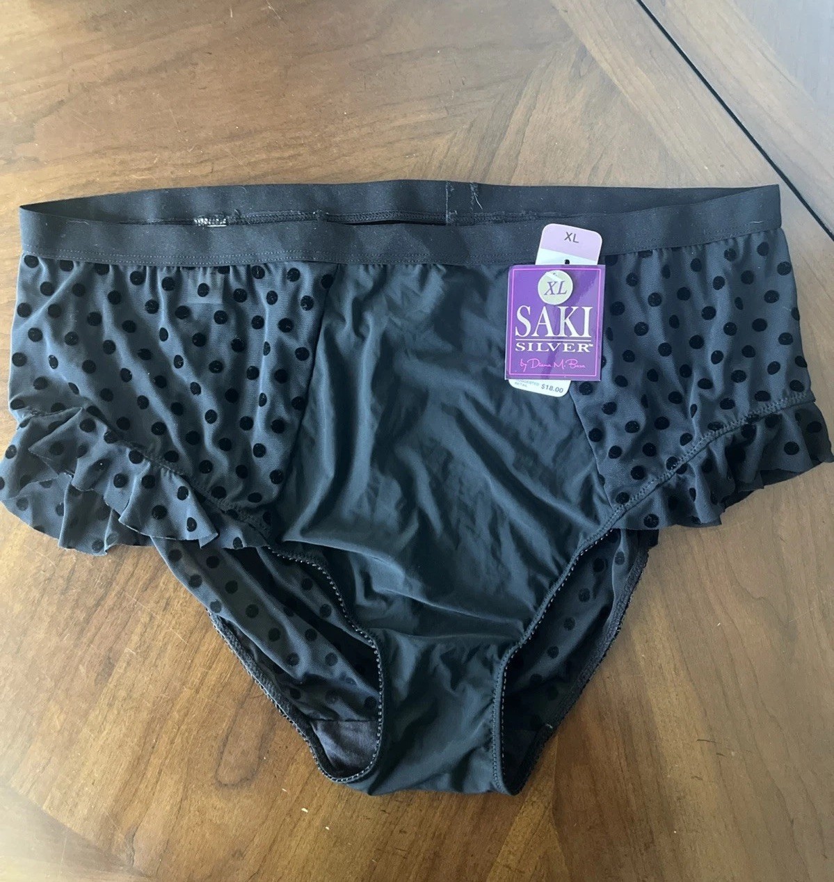 NWT Saki Silver Diana M Bara Panties Size XL Polka Dot Ruffles Black Sheer NOS