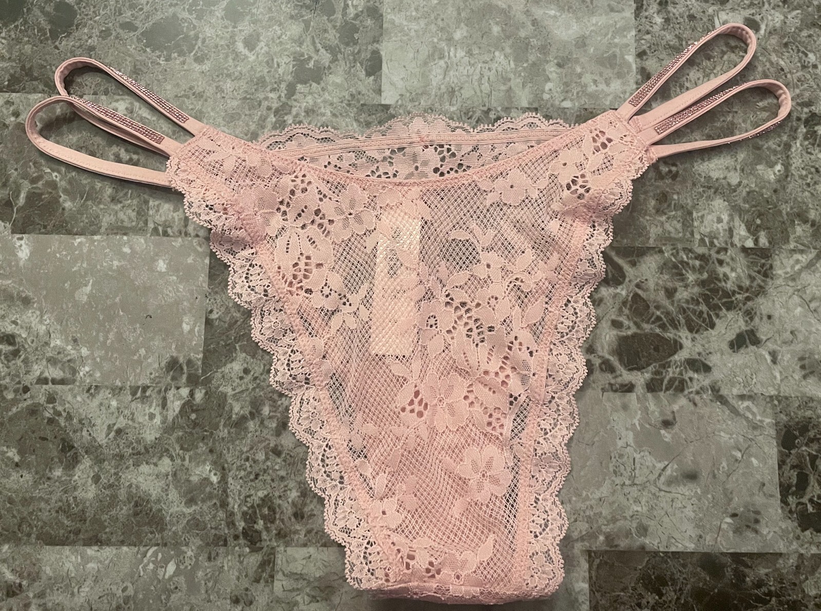 VICTORIA’S SECRET PINK ROSE APPLIQUE LACE SHINE STRAP STRAPPY BRAZILIAN PANTIES