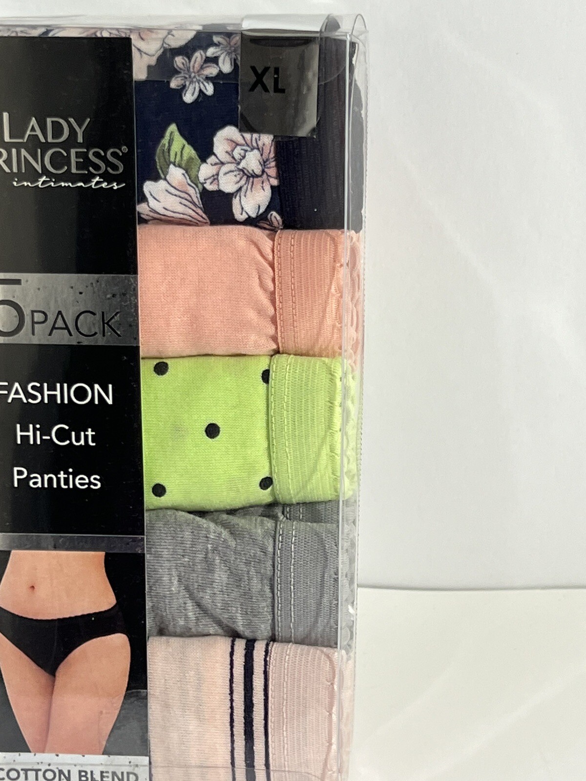 Lady Princess Intimates 5 Pack Fashion Hi Cut Panties – XL Cotton Blend. New