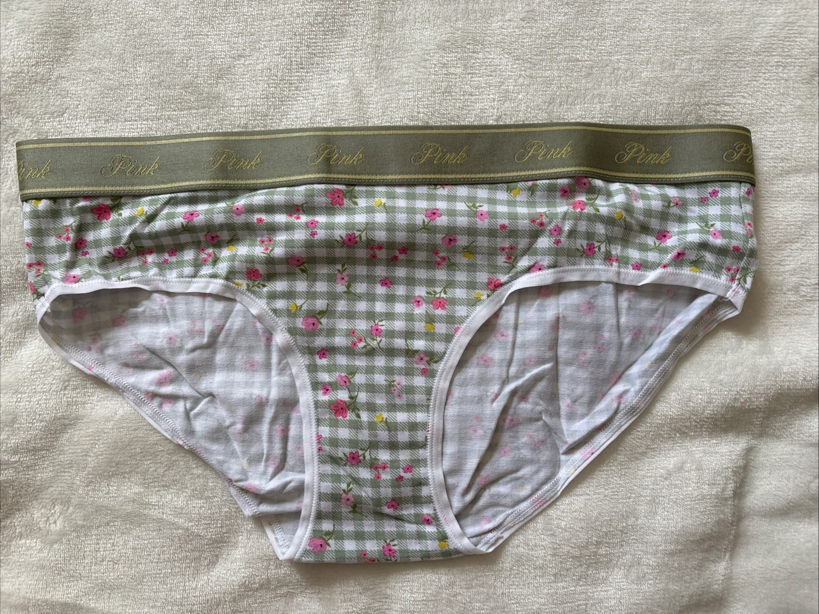 PINK Victoria’s Secret Panties Hiphugger Panty Cotton Green Check Floral Large L