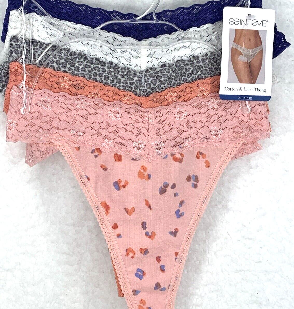 SAINT EVE Women’s Thong SZ XL 5-Pk Cotton & Lace Blossom Floral Lace Multicolor