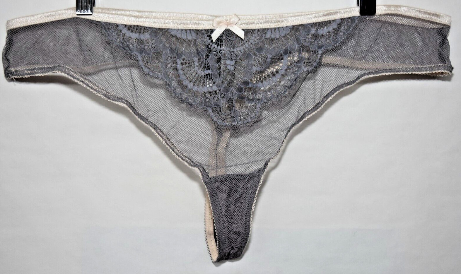 NWT Adore Me Gray Fishnet Lace Thong Ivory Details Panty 3X 3XL