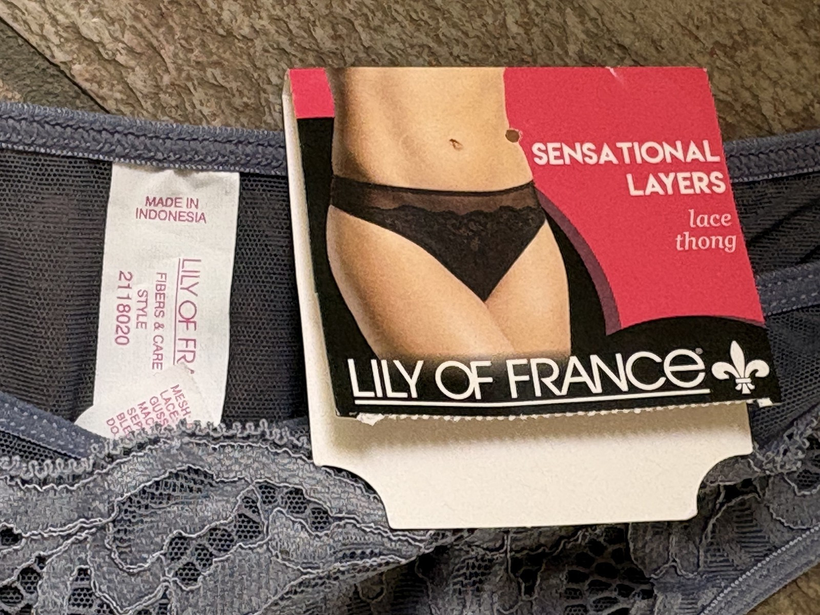 Lily of France L Dove Gray Sensational Layers Lace Thong Panties #2118020 NWT