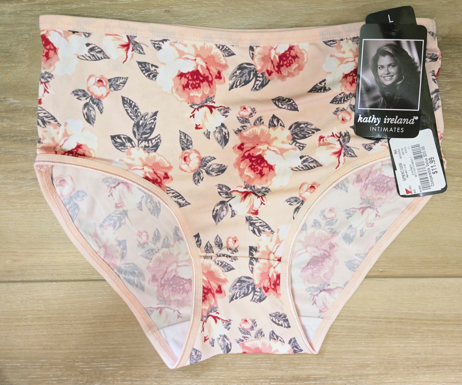 NWT Kathy Ireland Intimates Pink Floral Silky Smooth High-Rise Brief Panties L