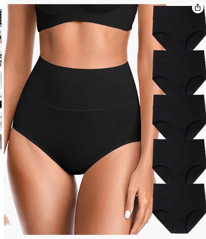 6-Pack High-Waisted Black Womens Briefs Medium Size Cotton & Spandex Blend Comfo