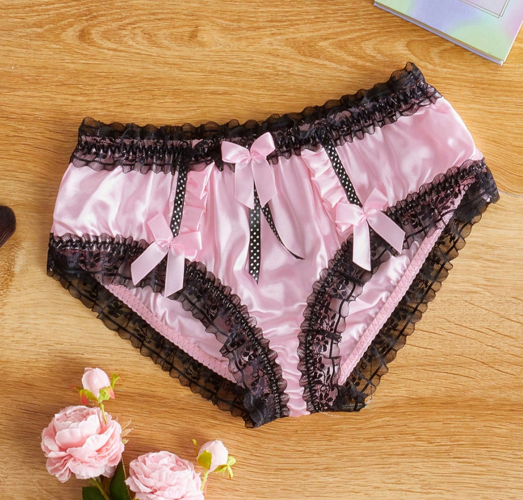 Women’s Classy Black Pink Sissy Sexy Cute Satin Bow Lace Brief Panty