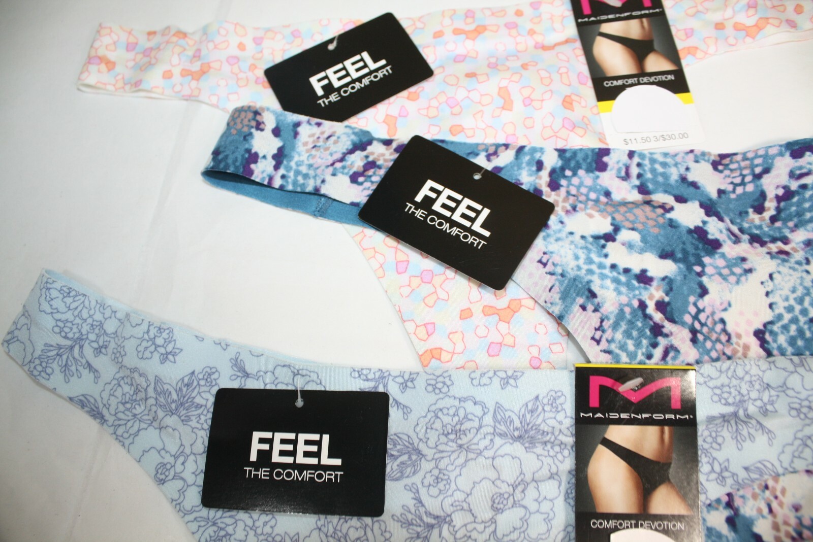 NWT set of 3 MAIDENFORM comfort devotion THONG BLUE SNAKE FLORAL geo pastels
