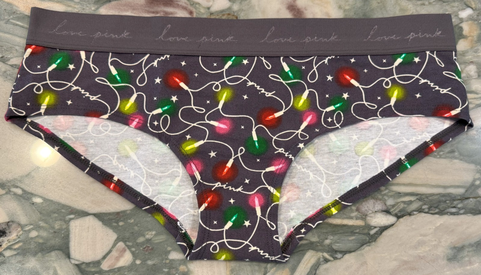NEW Victoria Secret PINK Cotton Logo Hipster Charcoal Holiday Lights XL or XXL