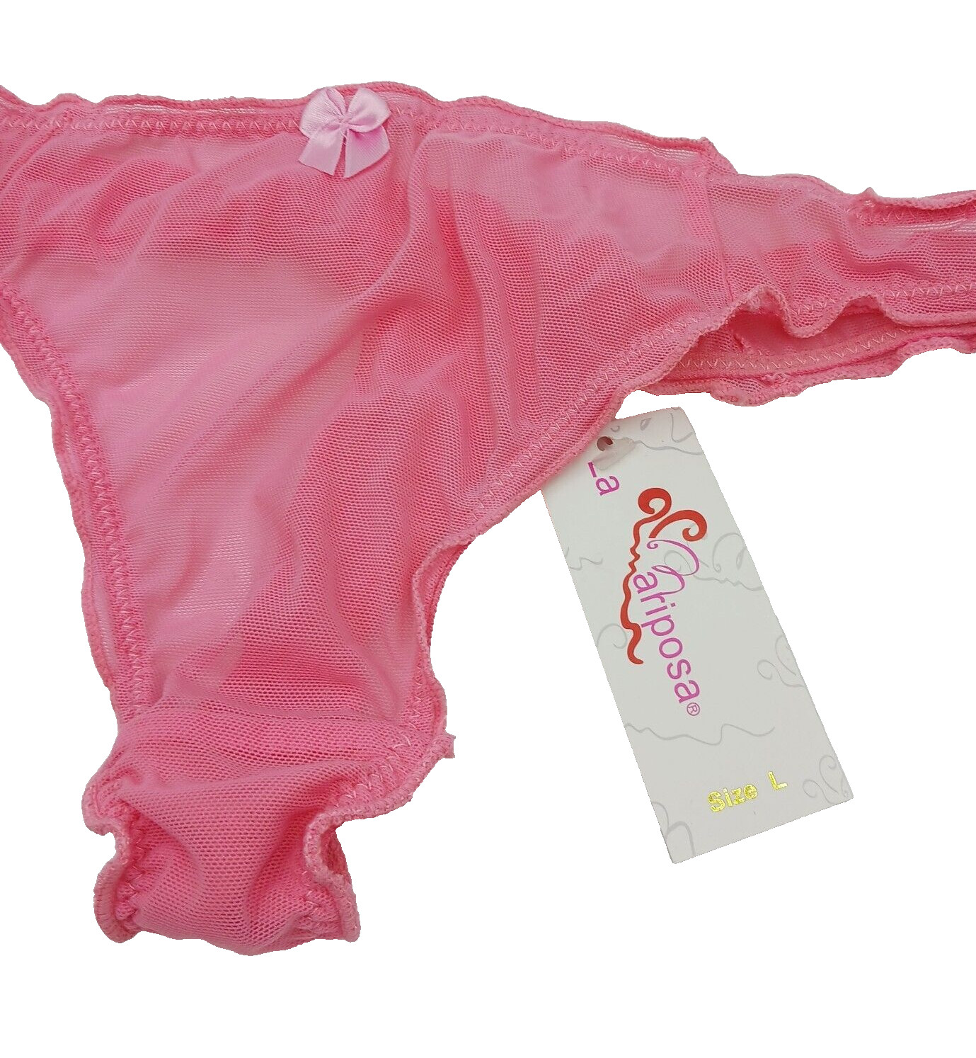 La Mariposa Thong Panty Women’s Large Mesh Dark Pink Bow Front Ruffled Edges New