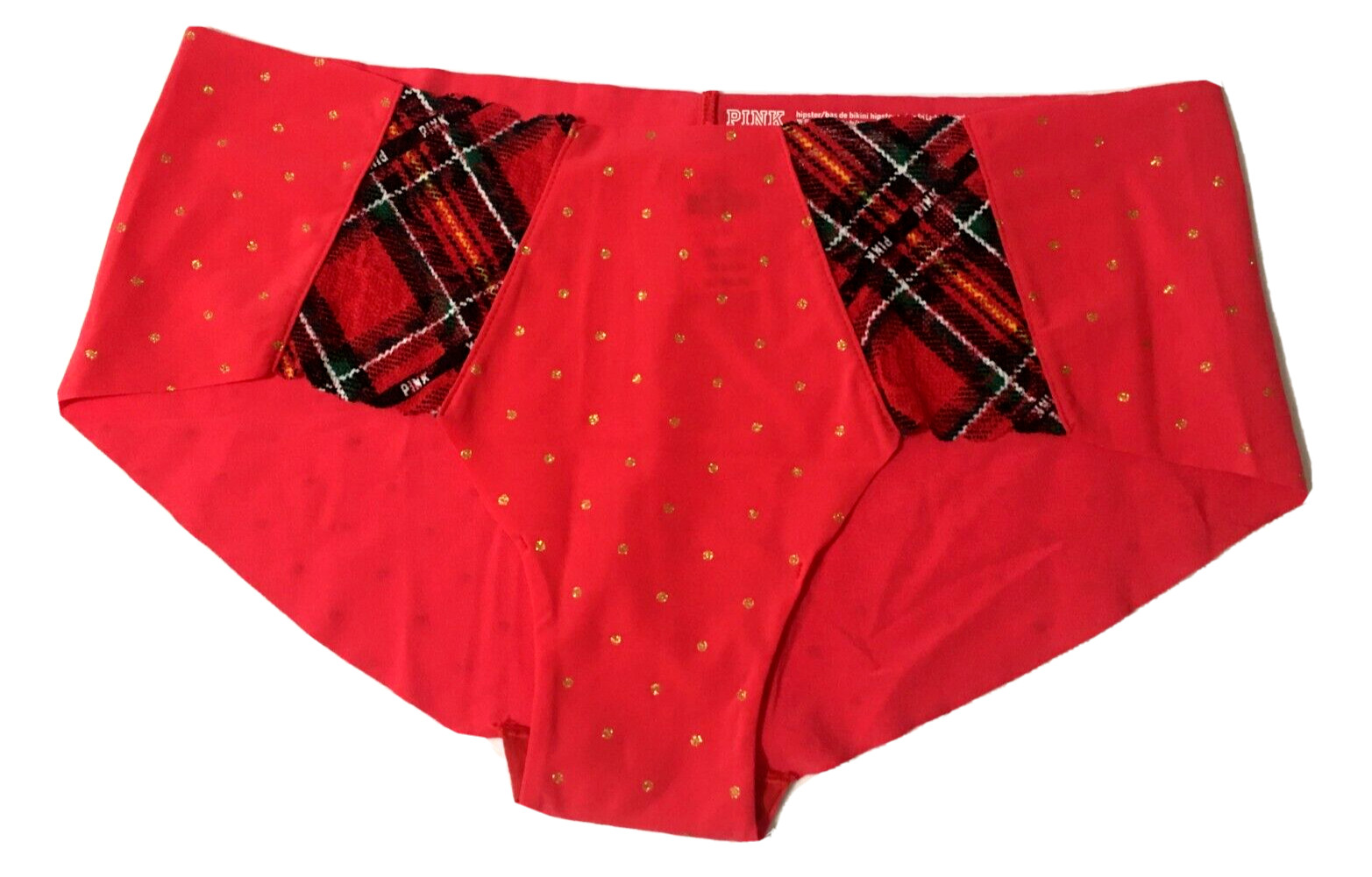 Victorias Secret Hipster Panties Size L Red Gold Dots Logo Plaid Lace Insets NWT