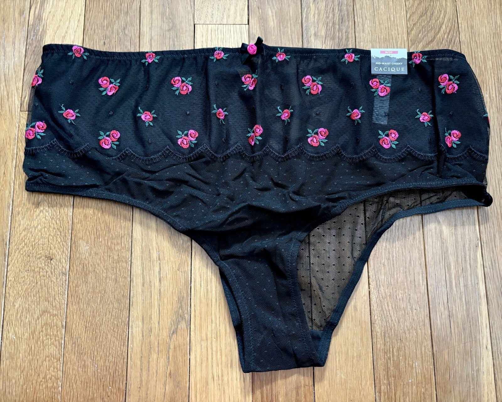 Plus Sz 18/20 Lane Bryant Cacique Black Mid Waist Cheeky Panty Embroidered Rose