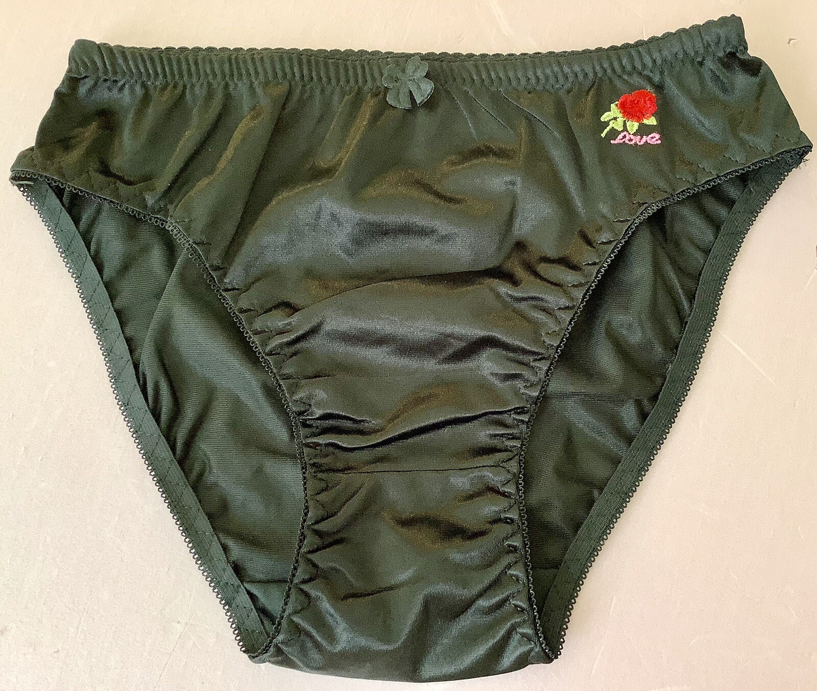 Women Panties Bikinis ANN DIANE Size S. Black Shiny Satin Soft W/decoration