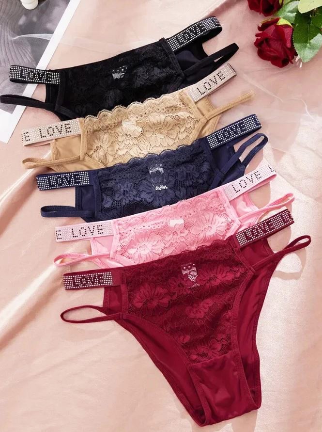 5 Pack Lot Women’s Sexy Panties Comfortable Underwear Rhinestone ‘LOVE’ Detail