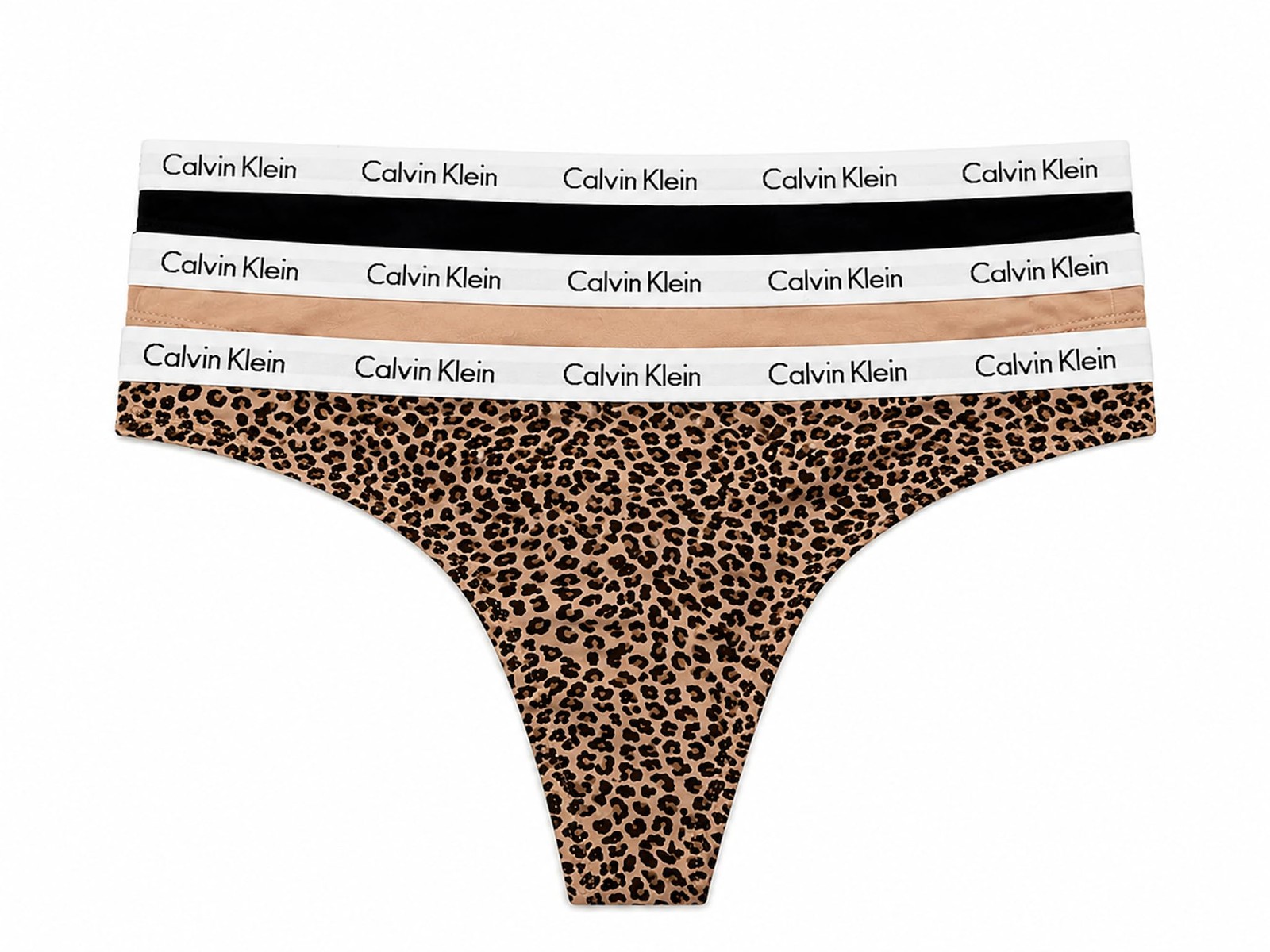 Calvin Klein Women’s Carousel Thong Panty, Black, Beige, and Leopard, 3 Pack,