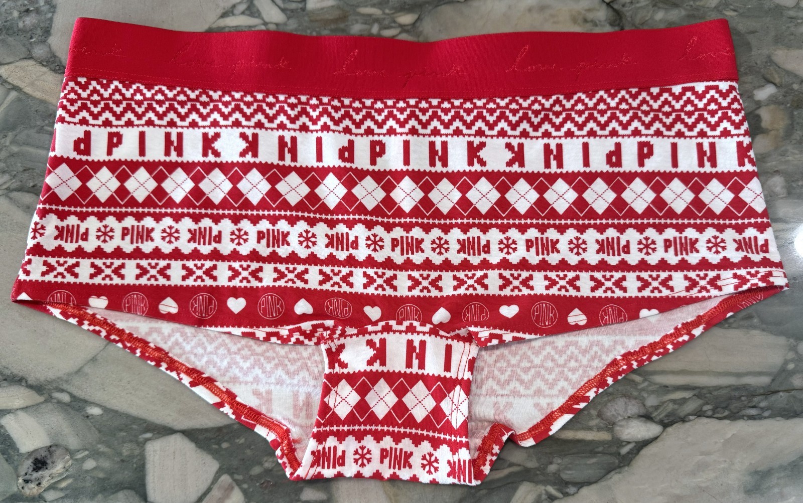 NEW Victoria Secret PINK Cotton Logo Boyshort – Red Pepper Fair Isle – XL or XXL