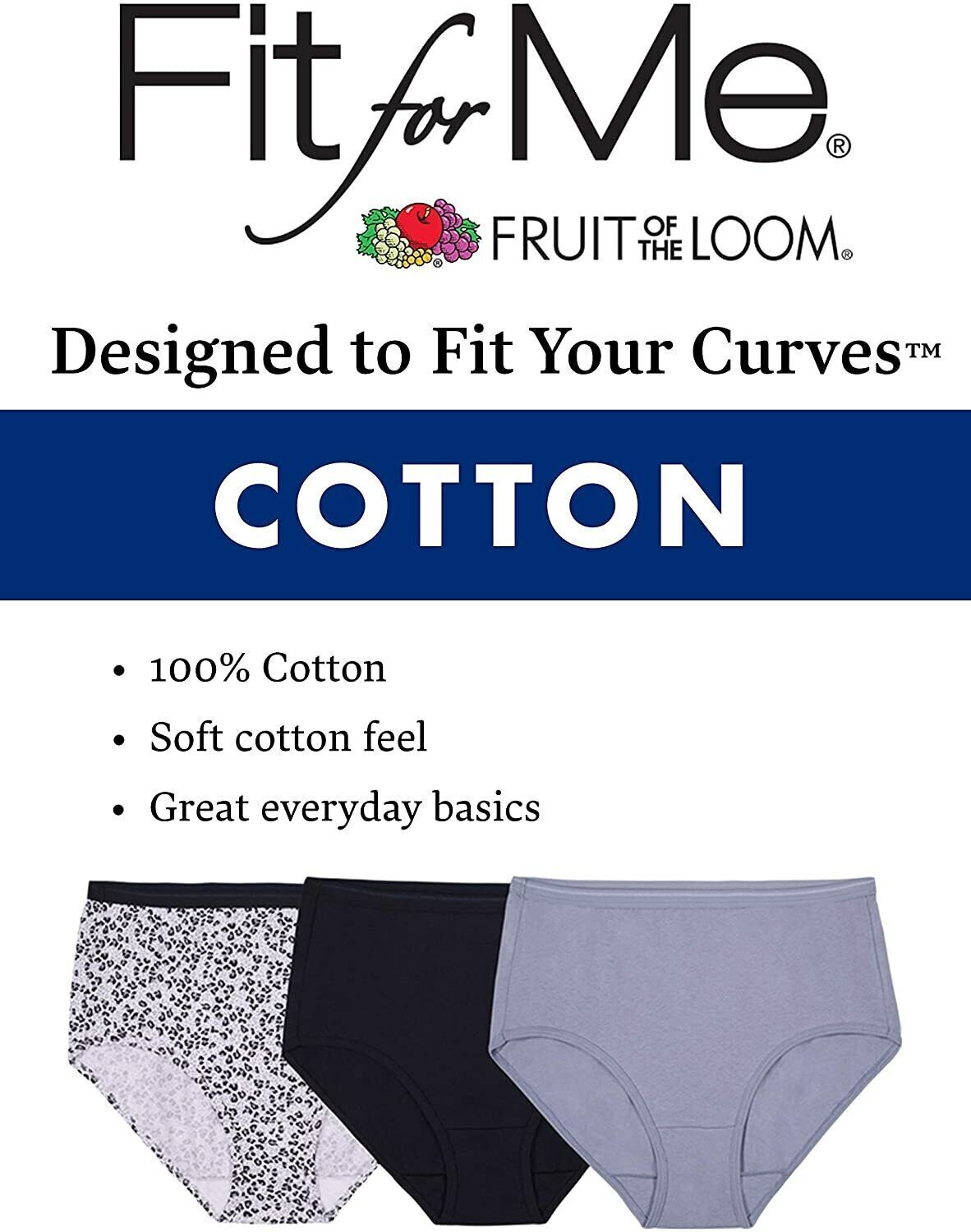 -FIT for ME FRUIT of THE LOOM COTTON BRIEFS PANTIES (6 in Pack) NWT WHITE FTL 11