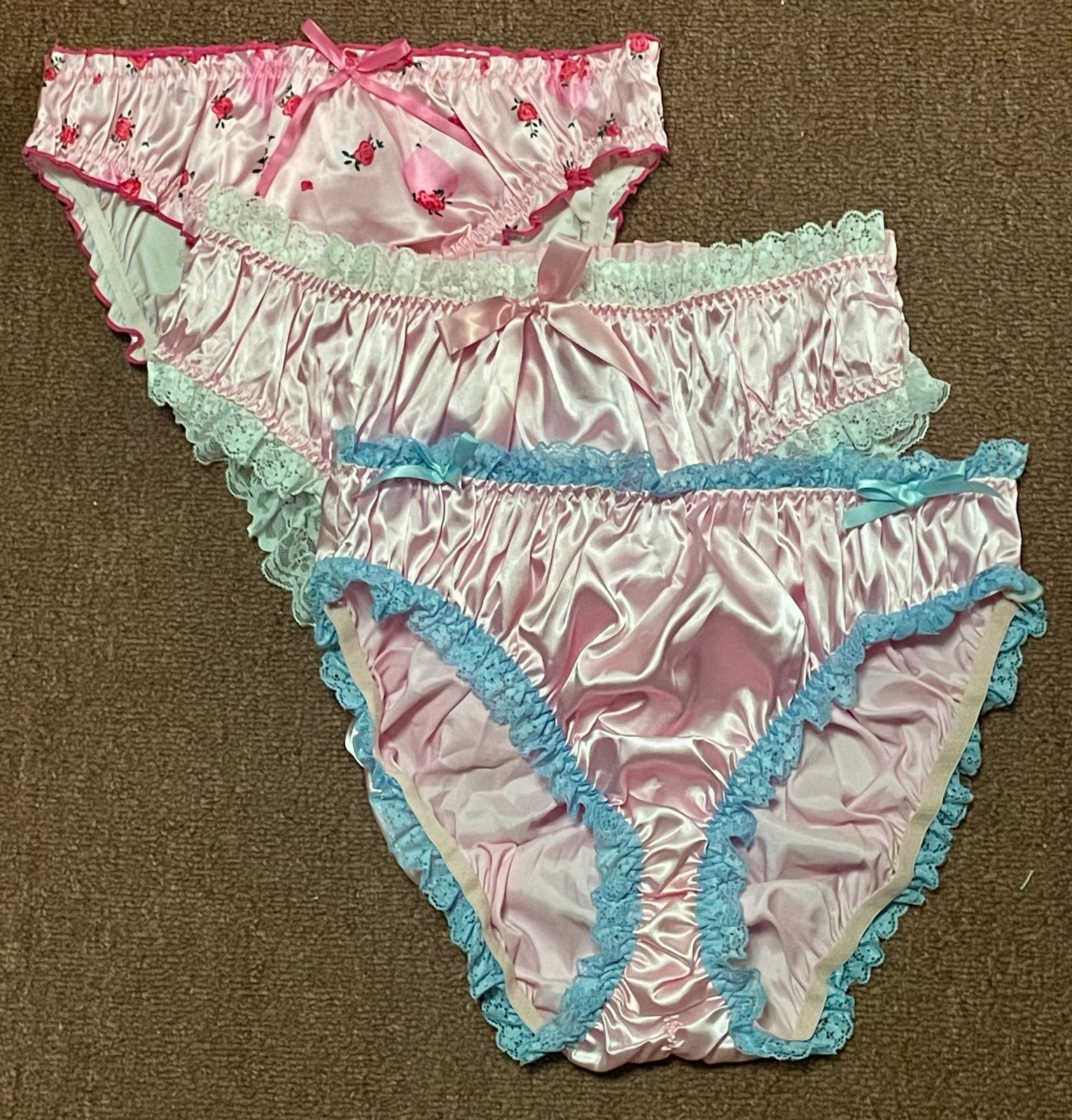 Lot of 3 PINK SATIN SISSY PANTIES Lace Ruffle Trim Hi Cut Brief Size XL