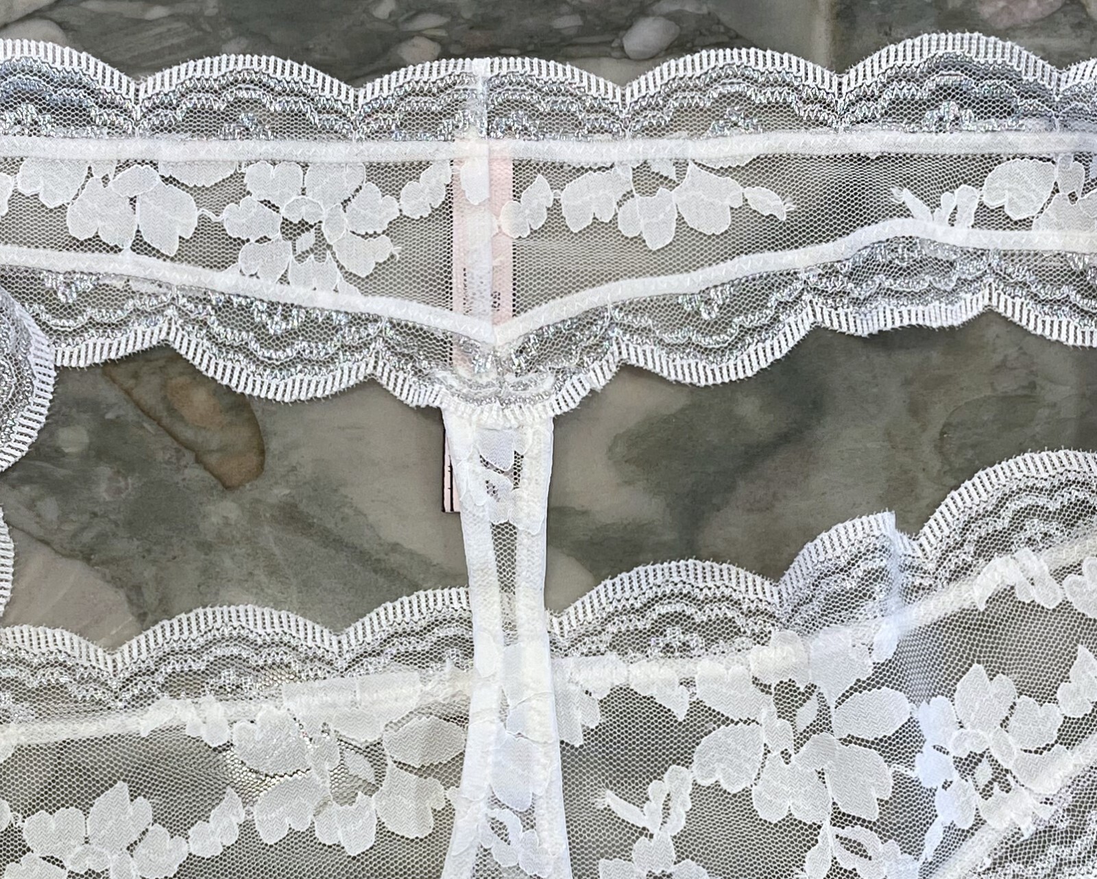 NEW Victoria Secret Dream Angels Scalloped Lace Thong – Coconut White Silver XL