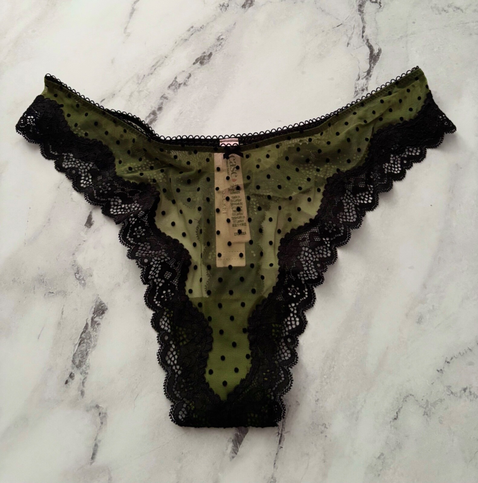 Victoria’s Secret Tease Thong Panty Green Mesh w/ Black Dot High Leg M L XL