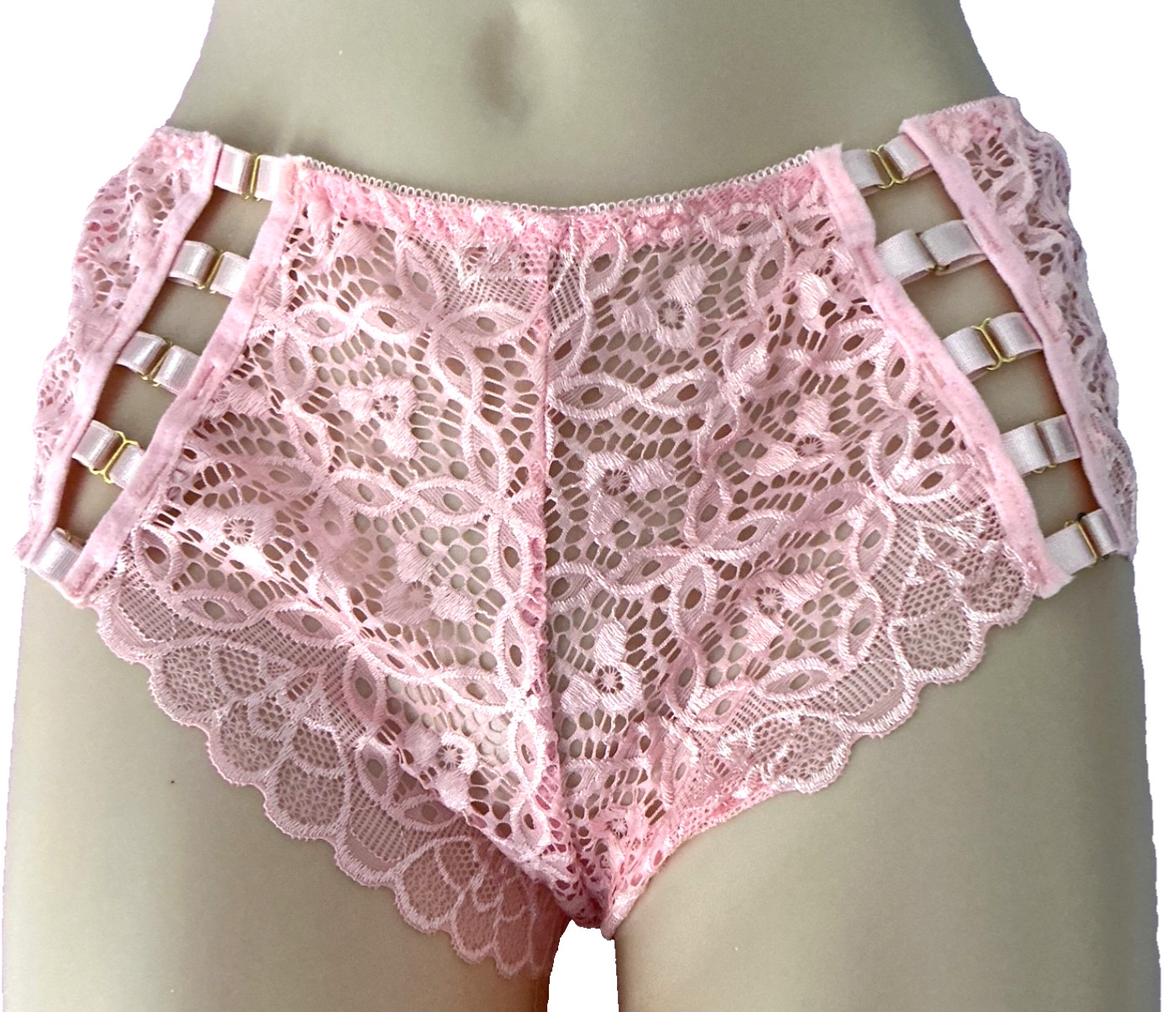Women’s High-Waist Tummy Control PinK Lace Brief Panty with Metal Chain size L